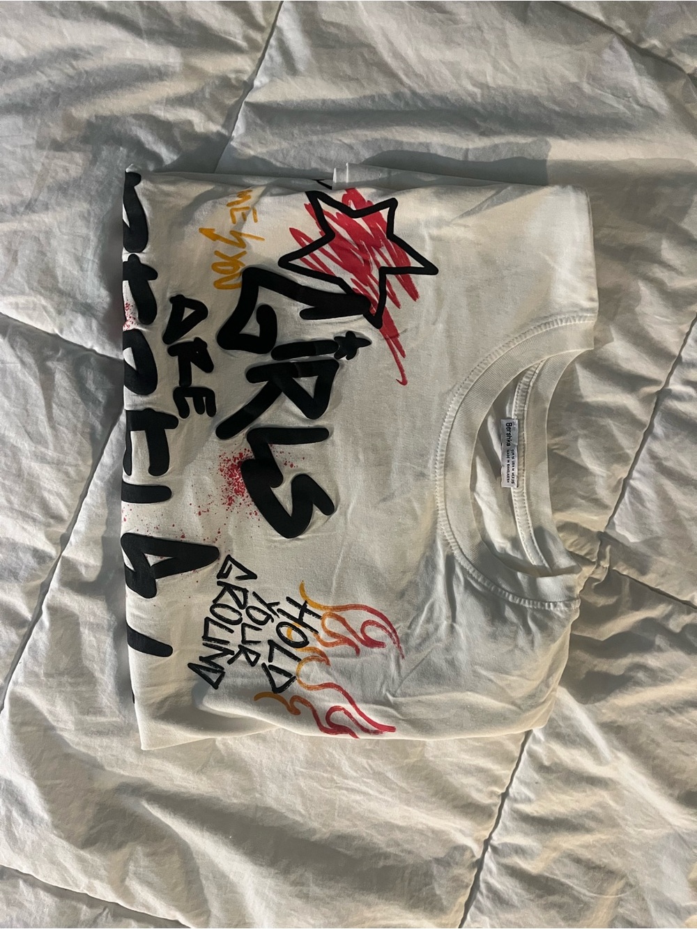 Bershka White Graphic Short Sleeve Tee with Black, Red & Yellow Print